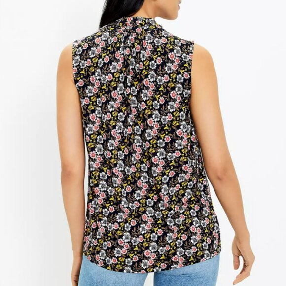 LOFT Women's Floral Ruffle Neck Mixed Media Button Front Blouse, Size S - Picture 2 of 8